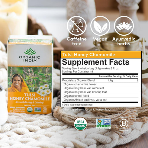 Organic India Tulsi Honey Chamomile Herbal Tea - Holy Basil, Stress Relieving & Calming, Immune Support, Adaptogen, Vegan, USDA Certified Organic,...