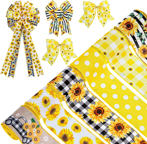 Whaline 6 Rolls Sunflower Wired Edge Ribbon 30 Yards 2.5 Inch Buffalo Plaids Flower Truck Fabric Ribbon Spring Summer Floral Decorative Craft Ribb...