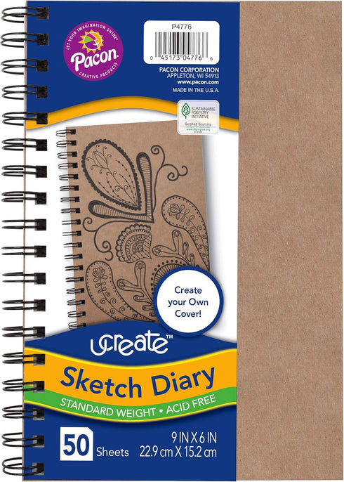 Pacon® PAC4776 Art1st® Create Your Own Cover Sketch Diary, 9" x 6", Natural...