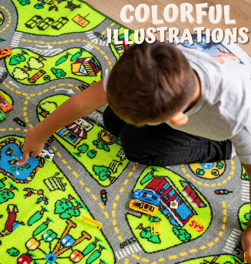 ToyVelt Kids Car Rug Playmat - Large 60” x 32” Road Traffic Carpet for Kids Ages 3–12 - Educational City Play Mat Made of Soft Polyester with Skid...