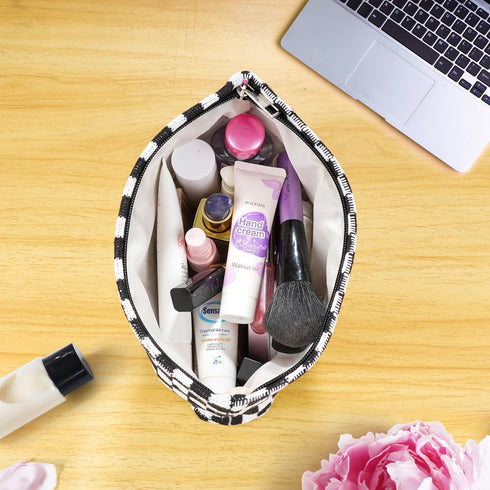 2Pcs Makeup Bag For Women - Large Checkered Knitted Cosmetic Bags&Small Makeup Pouch Aesthetic Design Travel Toiletry Bag Skincare Bag Car Storage...
