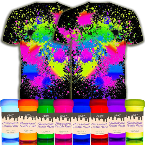 individuall Craft Textile & Fabric UV Paint - Set of 8 Fabric Neon Black Light Paints - Fluorescent Clothing Colors – Vibrant Glowing Paints - 8 x...