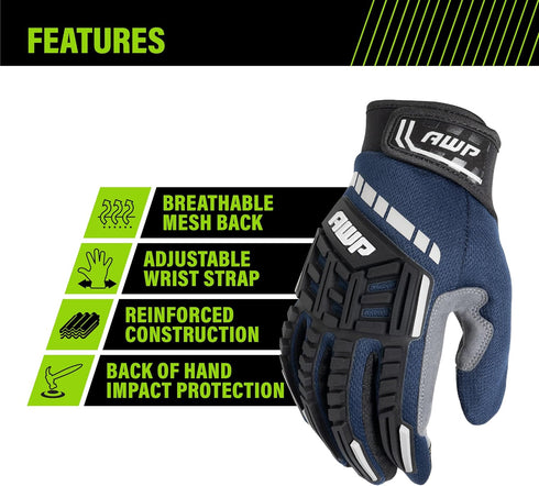 AWP Pro Protect Work Gloves for Men And Women, Full Back-Of-Hand TPR Impact Protection, X-Large,Blue...