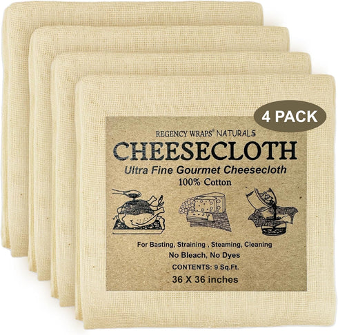 Regency Wraps 100% Cotton Ultra Fine Natural Cheese Cloth, 36 sq.ft 36" X36" 4 pcs, Chef Grade for Basting Turkey, Canning, Straining, Cheesemakin...