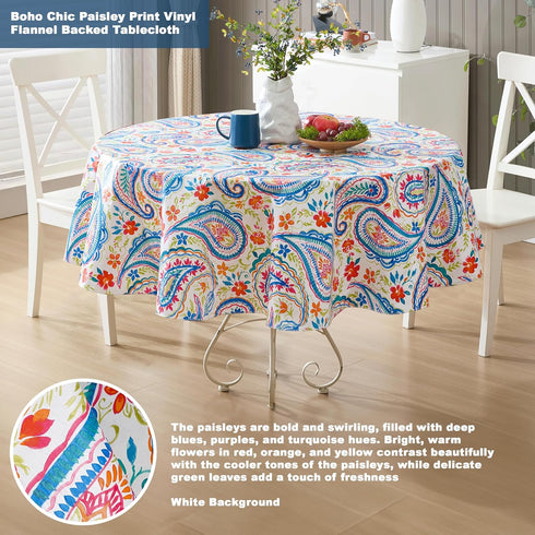 Newbridge Boho Chic Paisley Vinyl Tablecloth with Flannel Backing, 70 Inch Round, Blue Red and Pink Floral Print, Wipe Clean Table Cover for Dinin...