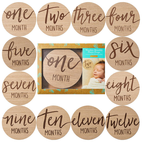 Kate & Milo Baby Monthly Milestone Marker Discs - Classic Cursive Script Wooden Discs with Reversible Photo Props for Baby Announcement and Milest...