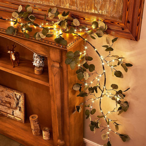 Birchlitland Decorative Garland Lights 6FT 96 LED Fairy Lights, Lighted Eucalyptus Twig Garlands with Timer Battery Operated for Bedroom Stairs Pa...