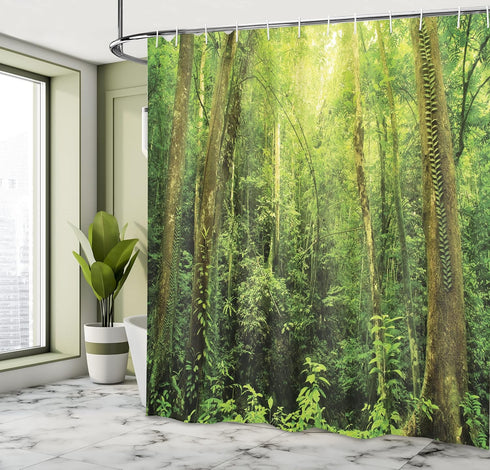 Ambesonne Rainforest Decorations Shower Curtain Set, Tropical Rainforest Landscape Malaysia Asia Green Tree Trunks Uncultivated Wood, Bathroom Acc...