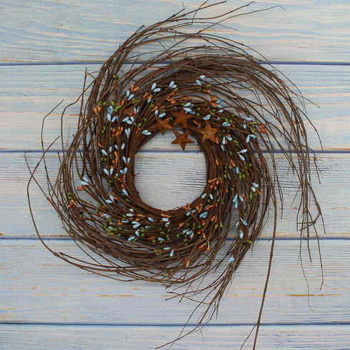 CVHOMEDECO. Primitives Rustic Pip Berries and Twig with Rusty Barn Stars Wreath, 10-Inch, Country Mix...
