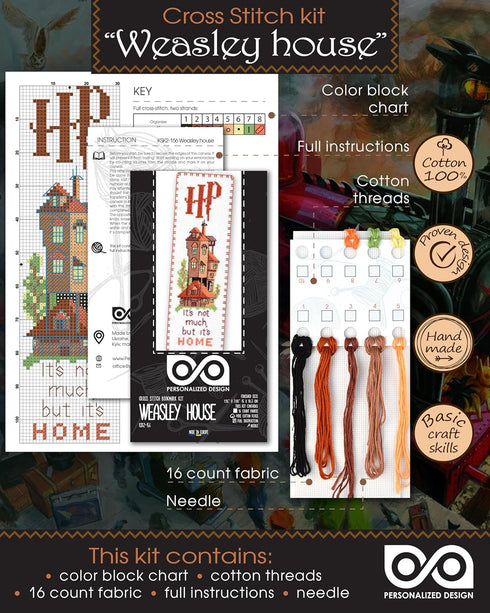 Counted Cross Stitch Kit 'It's not much but it's Home' - DIY Bookmark Embroidery Set with The Burrow, Weasley family home; Paper Pattern, presorte...