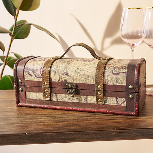 Twine Old World Wine Bottle Gift Box, Wooden Wine Box with Lid and Handle, Wood, Faux Leather, Antique Map Design, Holds 1 Bottle...