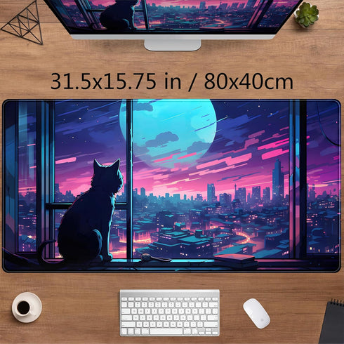 Cool Purple Kawaii Anime Moom Cat Desk Mat XXL Large Gaming Mouse Pad, Cute City Cats Desk Pad for Gamer Girl Women Office Desk Decor Mousepad, Co...