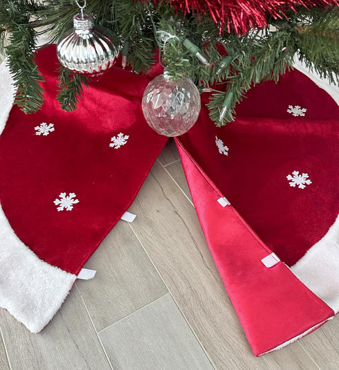 White Snowflakes Christmas Tree Skirt - Large 48" Diameter, Red Felt Center, White Faux Fur Trim, Presents, Gifts, Bright Red Christmas Decoration...
