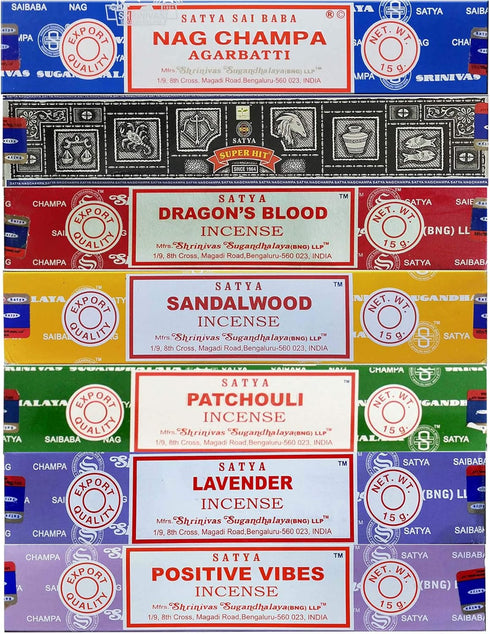 Satya Incense Gift Set Nag Champa, Super hit, Dragon's Blood, Sandalwood, Patchouli, Lavender, Positive Vibes, 15 g...