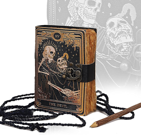 VC Book of Spells Leather Journal Deckle Edge Paper Grimoire Printed Journal The Devil Tarot Notebook Spiral Gothic Notebook Skull lover Antique V...
