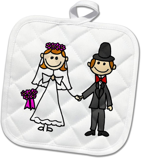 3D Rose Funny Stick Figure Wedding Bride and Groom Pot Holder, 8 x 8...