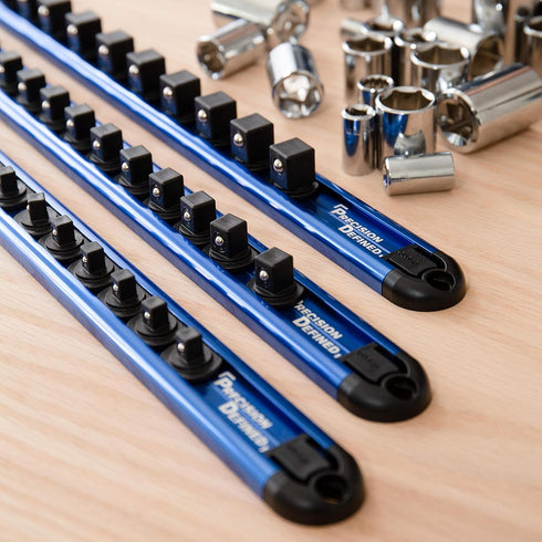 Precision Defined Aluminum Tool Socket Holder | Blue, Single 3/8-Inch Socket Organizer x 16 Clips | Heavy Duty Socket Rails Organizer, Socket Stor...