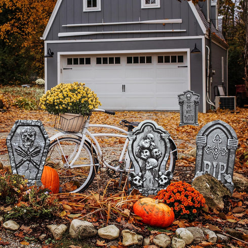 6-Piece Halloween Tombstone Yard Signs with Stakes - Large Eerie Graveyard Design, Spooky Skulls and RIP Messages for Haunted House, Outdoor Garde...