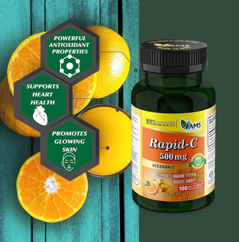 America Medic & Science Rapid-C 500mg Vitamin C Supplement (2 Pack of 100 Tablets) Energy Booster, Daily Immune System Support, Antioxidant | Vega...