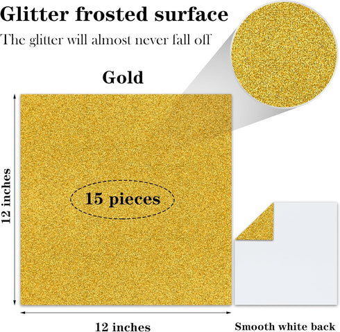 15 Sheets Gold Glitter Cardstock Paper 12''x 12'', 250GSM/92lb Premium Sparkly Paper for Scrapbook, Invitations, Graduation Cap DIY Projects, Part...