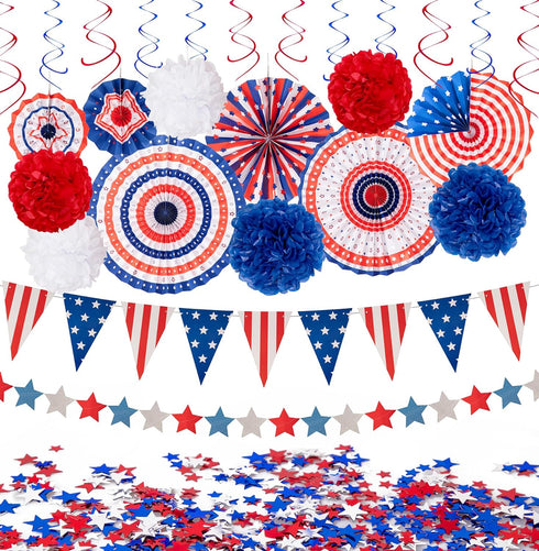 29PCS 4th/Fourth of July Patriotic Decorations Set - Red White Blue Paper Fans,USA Flag Pennant,Star Streamer,Pom Poms,Hanging Swirls Party Decor ...