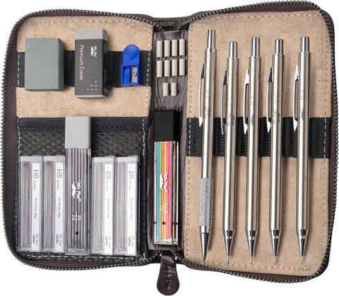 Mr. Pen- Metal Mechanical Pencil Set in Leather Case, 5 Sizes, 0.3, 0.5, 0.7, 0.9, 2mm, mechanical pencils, Sketching Pencils, Drafting Pencil, Me...