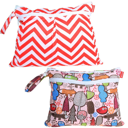 Damero 2Pack Waterproof Wet Bag, Reusable Wet Dry Bag Organizer for Travel, Beach, Diapers, Breast Pump Parts and Wet Swimsuits, Tree+Red Chevron...