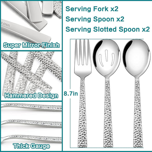 E-far Hammered Serving Utensils Set of 6, Stainless Steel 8.7 Inch Square Hostess Serving Set, Metal Serving Spoon Slotted Spoons Forks for Party ...