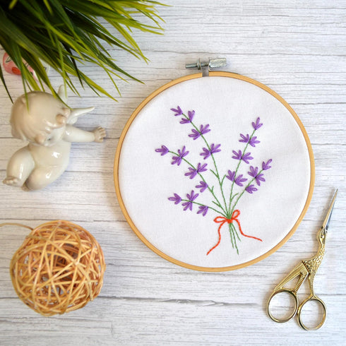 Embroidery Kit for Beginners 'Lavender' - Fun Starter Kit for Hand Embroidery with Stamped Pattern, Pre-Sorted Floss and Bamboo Hoop - for Adults ...
