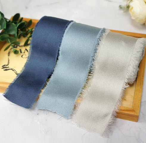 CT CRAFT LLC Frayed Satin Silk Ribbon 1.5" x 10 Yards x 3 Rolls Pearl Grey Dusty Blue Midnight Blue for Christmas Home Decor Gift Wrapping DIY Cra...