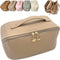 Large Capacity Travel Cosmetic Bag - Makeup Bag Opens Flat for Easy Access - Leather Waterproof Portable Cosmetics Bag with Handle, Divider - Toil...