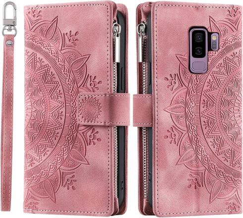 Asuwish Phone Case for Samsung Galaxy S9 Plus Wallet Cover with Tempered Glass Screen Protector and Wrist Strap Mandala Flower Flip Zipper Card Ho...