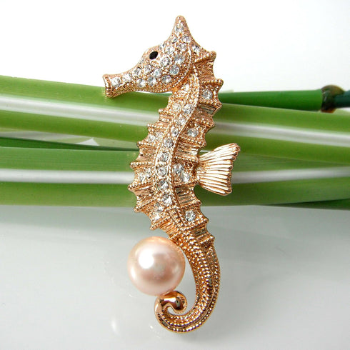 Navachi 18k Gold Plated Multi-Color Crystal Sea Horse Pearl Brooch Pin...