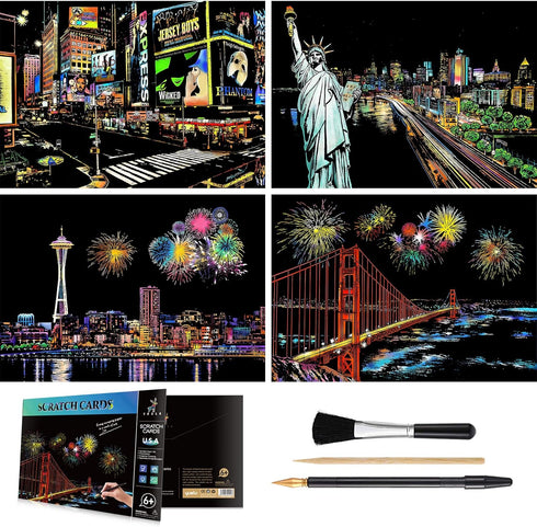 MIASTAR Scratch & Sketch Art for Teens & Adults, Rainbow Painting Night View Scratchboard(A4), Art & Craft, 4 Sheets Scratch Cards & Drawing Pen, ...