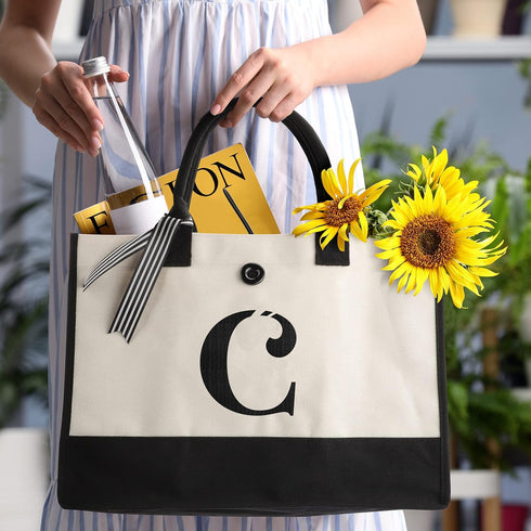 YOOFAN Initial Canvas Tote Bag - Personalized Monogrammed Gift Tote Bag for Wedding, Birthday, Beach, Holiday - Gift for Women, Mom, Teachers, Fri...