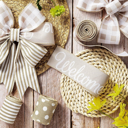 20 Yards Farmhouse Ribbon 4 Rolls Wired Ribbon Welcome Stripe Dot Buffalo Plaid Ribbon Wired Rustic Polyester Ribbon for Summer Wreaths Assorted D...