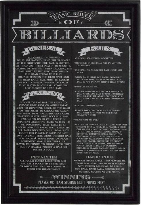 Hathaway Billiard Game Rules Wall Art – Framed Chalkboard-Style with Official Pool Table Rules, Matte Black Wood Frame, Acrylic Front & Preinstall...