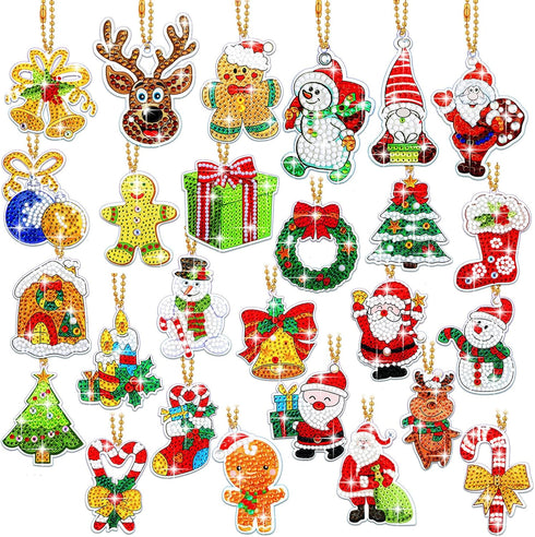 Junkin 26 Pcs Diamond Art Christmas Ornaments 5D DIY Christmas Diamond Painting Keychains Kits Xmas Hanging Painting Kit Snowman Santa Art Pendant...