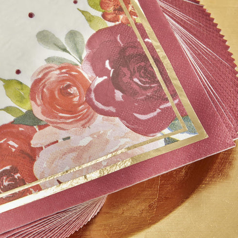 Kate Aspen Burgundy Blush Floral Paper Napkins, Thick Decorative Dinner Napkins, Luncheon Serveware, Perfect for Wedding Reception Or Bridal Showe...