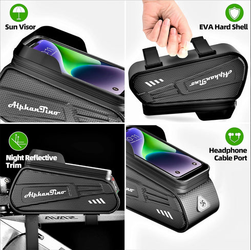 Bike Phone Holder Bag -Waterproof Bicycle Accessories Pouch Hard Case Large Capacity Top Tube Front Frame Cycling Mount Bag, TPU Touch-Screen & Su...