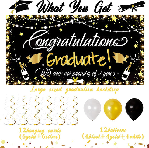 90shine Graduation Decorations Class of 2025 - Lighted Large Congrats Grad Banner Garland Photo Backdrop+Balloons+Hanging Swirls Party Supplies (2...