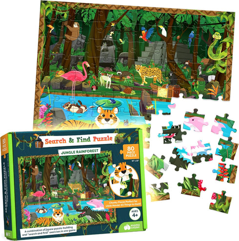Momo & Nashi Search & Find Childrens Jigsaw Puzzles for Kids - 80 Pieces - Jungle Rainforest Theme - Floor Puzzles for Kids Ages 4-8, 3-5, 6-8, 8-...