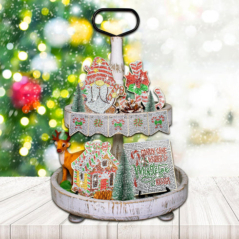 Diamond Painting Tiered Tray Decor Set 9Pcs Vacation Candy Gnome Diamond Art Tiered Tray Decoration Wooden Signs Gingerbread Decor for Xmas Farmho...