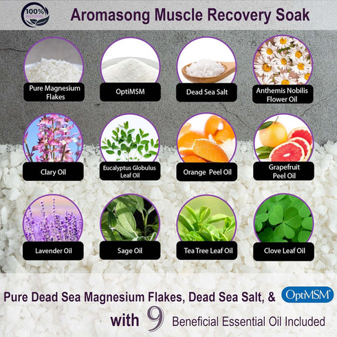 Aromasong Muscle Recovery Bath Soak with Dead Sea Salt, OptiMSM, Magnesium Flakes & Essential Oils for Post Workout Soreness - Made in USA - 14 oz...