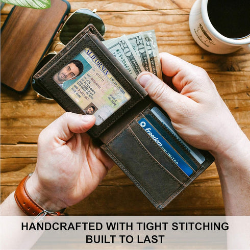 Top Grain Leather Wallet for Men | RFID Blocking | Extra Capacity Bifold Wallet with 2 ID Windows | Ultra Strong Stitching | Slim Billfold with 8 ...
