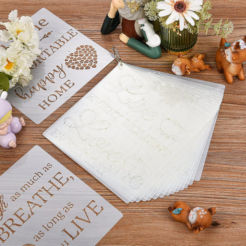 16 Pieces Inspirational Word Stencils Family Sign Stencils Reusable Painting Stencils Love Home Template with Metal Open Ring for Painting on Wood...
