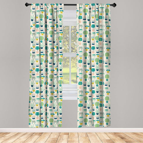 Lunarable Botanical Curtains, Vintage Design Doodle Pattern of Home Plants and Flowers in Pots, Window Treatments 2 Panel Set for Living Room Bedr...