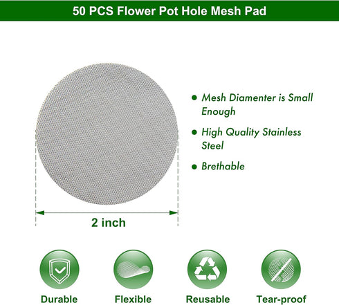 D'vine Dev Pack of 50 Stainless Steel Drainage Mesh, 2 Inch Round Drainage Hole Strainer for Keep Soil from Flowing Away, Anti-Corrosion and Breat...