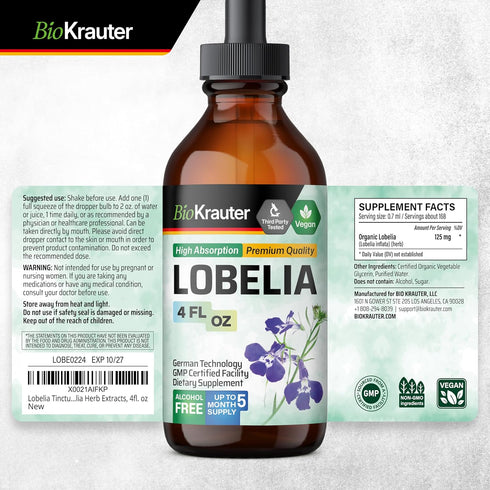 BIO KRAUTER Lobelia Tincture - Vegan Lobelia Extract - Alcohol & Sugar Free Respiratory Support Supplement - 4 Fl.Oz....