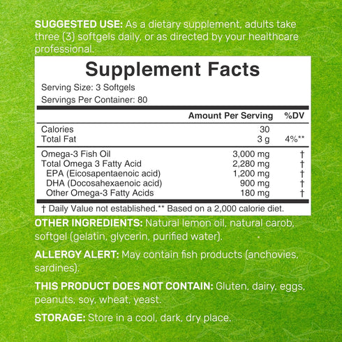 DEAL SUPPLEMENT Omega 3 Fish Oil Supplements, 3,000mg Per Serving, 240 Softgels – EPA 1,200mg + DHA 900mg – Burpless Pills, Lemon Flavored, Wild C...